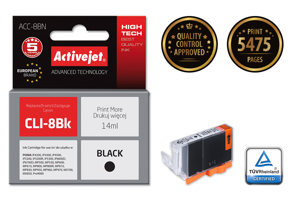 Activejet Activejet ACC-8BN. Inkjet Cartridge Type: Hoog (XL) rendement, Black ink type: Inkt op pigmentbasis, Volume zwarte inkt: 14 ml, Type aanbod: Enkele verpakking, Aantal per