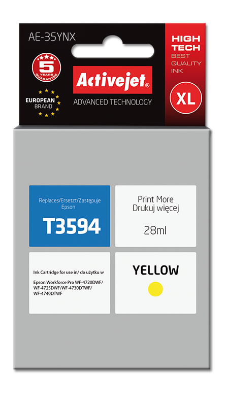 Activejet Activejet AE-35YNX. Inkjet Cartridge Type: Extra (Super) hoog rendement, Colour ink type: Pigmentgebaseerde inkt, Type aanbod: Enkele verpakking, Volume gekleurde inkt: 2